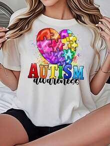 2026 Camiseta Blanca de Manga Corta con Estampado de Rompecabezas de Corazón para Concientización sobre el Autismo, Ropa Casual, Blusas para Mujer Casual - Blanco - Ver 3