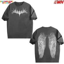 Camiseta de Alas de Ángel Gótica Y2K: Ropa de Calle Grunge Lavada para Hombres P0VH ZWXL - Blanco - Ver 1
