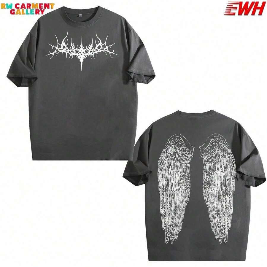 Camiseta de Alas de Ángel Gótica Y2K: Ropa de Calle Grunge Lavada para Hombres P0VH ZWXL - Blanco - Ver 1