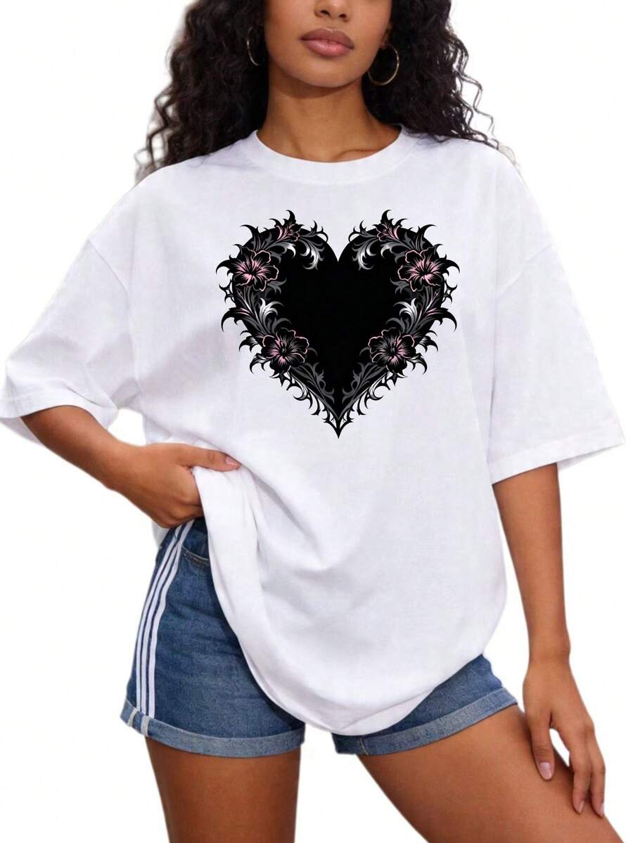 Women's Premium Gothic Floral Heart Basic Crew Neck T-Shirt, Sizes S-2XL, 100% Pure Black And White, Suitable For Family And Couple Outfits, Perfect For Spring And Summer, Ideal Gift For Mom, Mother's Day, Family Gift, Gift For Close Friends, . - 白色 - 查看 1
