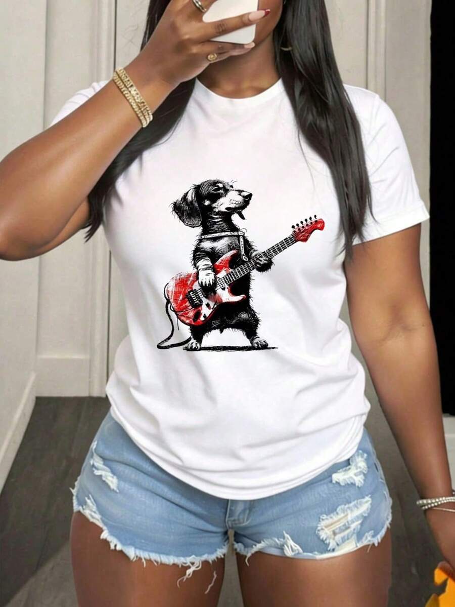 Camiseta Deportiva Casual para Mujer con Gráfico de Perro Blanco y Negro - Camiseta Blanca Elástica de Cuello Redondo, Lavable aáquina, Ajuste Cómodo y Perfecta para Todas las Estaciones, para Amantes de los Animales. - Blanco - Ver 1