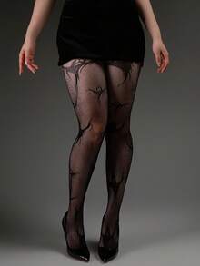 1pc Women's Curve Tights, Vintage Raven Jacquard Leggings, Elastic Skinny Pants, Sexy Hollow Fishnet Stockings, Black Sheer Pantyhose, Gothic Fashion Versatile Wear, Suitable For Halloween, Christmas - Black - View 2