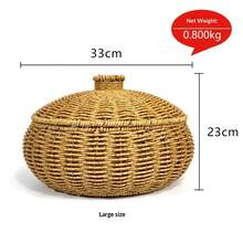 Cesta de almacenamiento redonda con tapa de imitación de ratán tejida a mano, caja de pan, organizador de frutas para cocina, mesa de comedor, despensa, decoración del hogar, contenedor de mimbre con asas, estilo rústico, organizador decorativo - Marrón - Ver 10
