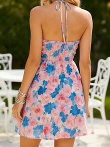 Women's Floral Halter Neck Mini Dress Ruched Backless A-Line Maternity Party Dress With Adjustable Self-Tie - 藍色 - 查看 4