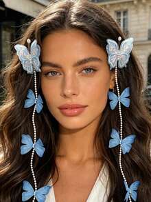 2pcs Fashion Tassel Faux Butterfly Hair Clips, Bridal Headpiece Hair Accessories, Vacation Style Hair Clips, Atmosphere Feeling Hair Clips For Women,Hair Barrettes,Hair Claws - Multicolor - View 7