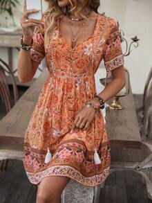 Vestido con estampado floral de cuello con cordón y fleco - Naranja - Ver 12