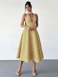 High-Waisted Midi Dress With A V-Neck And Open Back, In A Vintage French Polka Dot Style, Suitable For Valentine's Day, Concerts, Performances, Dates, Banquets, Weddings, Sexy, Elegant, Back To School, Vacation, Beach, Romantic - 黃色 - 查看 12