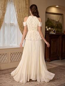 Gaun Wanita Kerah Tegak Bahu Terbuka Payet Bordir Renda Patchwork Belakang Tali Serut Hem Berlipit Romantis Elegan Glamor - Aprikot - View 2