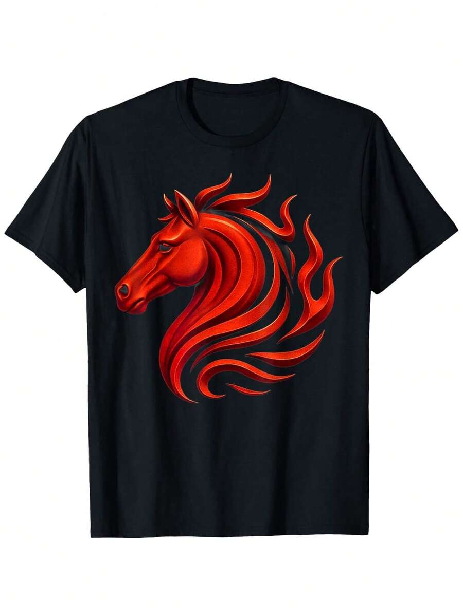 2026 Lunar New Year Fire Horse T-Shirt - Authentic Zodiac Pattern, Loose Casual Wear, 2026 Fire Horse Year Slogan (Hand Washable) - 黑色 - 查看 1
