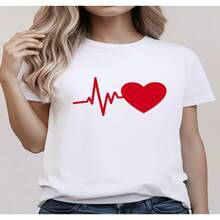 Women's Casual T-Shirt With Heartbeat Design For Valentine's Day, Love Theme Wear2D, Cute Blouses For Women, Casual Loose Fit T-Shirt, Loose And Slightly Stretchy S-XXXL - 白色 - 查看 1