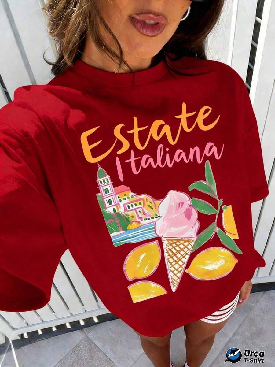 1 Piece Casual Fashion For Men And Women Regular T-Shirt With Italian Summer Print, Lemon Architectures, Orca Brand 100% Pure Fabric 6. 35oz, Ideal For Casual Outdoor Use, Size S, Vacation And How Versatile, Easy To Match, Suitable For Daily Wear, Urban Style, Vacation Outfits, Weekend Outfits. - [紅色的] - 查看 1