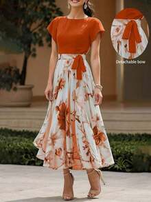 Vestido largo casual y elegante de tela tejida con estampado floral, adecuado para uso diario y todas las temporadas de vacaciones de verano - Rosa Fucsia - Ver 6