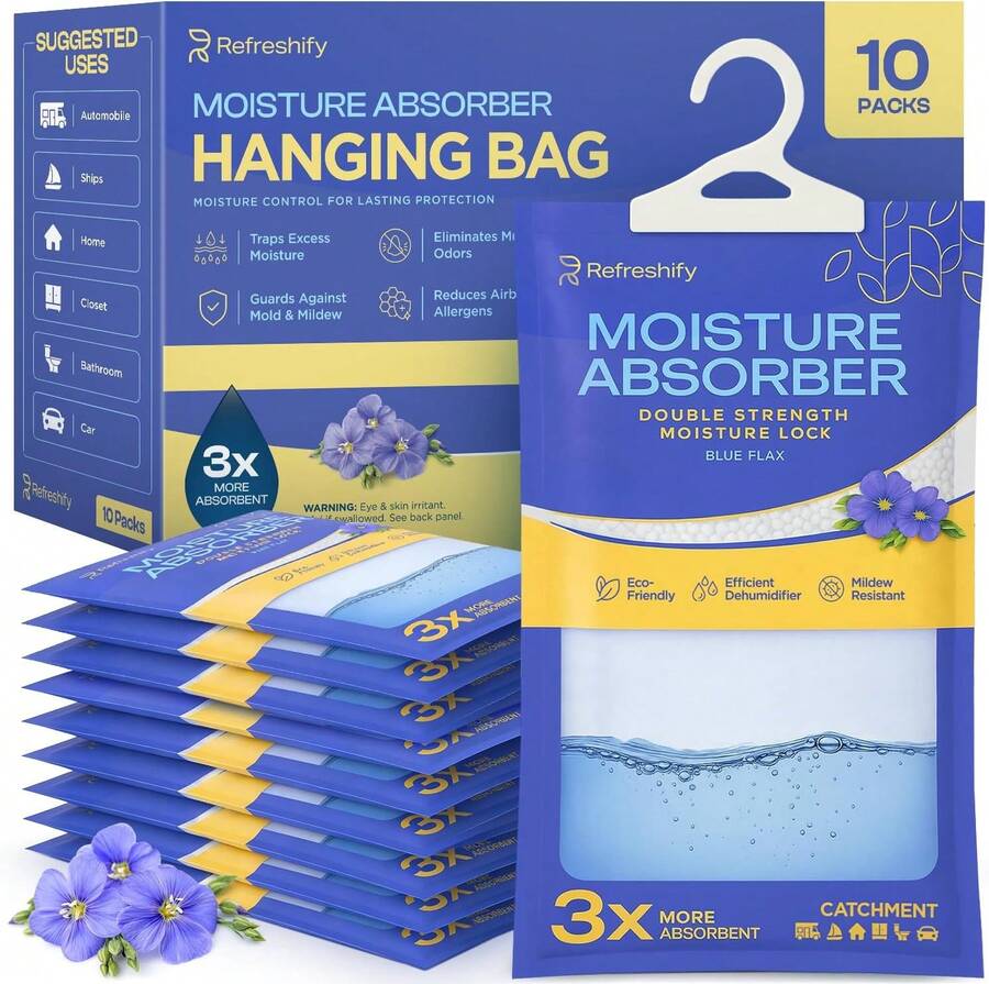 Moisture Absorbers And Humidity Absorber Bags For Closet - 10 Pack High-Efficiency Moisture Absorber And Humidity Packs For Home, Moisture Bags And Dehumidifier Bags For Car Blue Flax, 10 Pack - ColorA - View 1