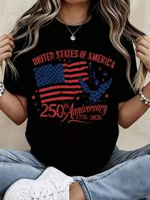 Camiseta Casual para Mujer, 250º Aniversario de los Estados Unidos de América 1776 2026, Estampado Patriótico con Bandera Americana y Águila, Celebración del Día de la Independencia, Top para Festivales de Verano y Días Festivos Nacionales, playeras de mujer - Negro - Ver 7