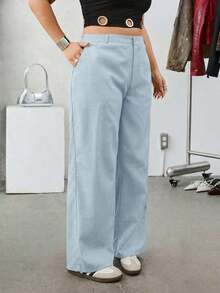 Pantalones casuales básicos de unicolor con bolsillo en ángulo para talla grande, color albaricoque, pantalones de cintura alta para el verano - Niebla azul - Ver 5