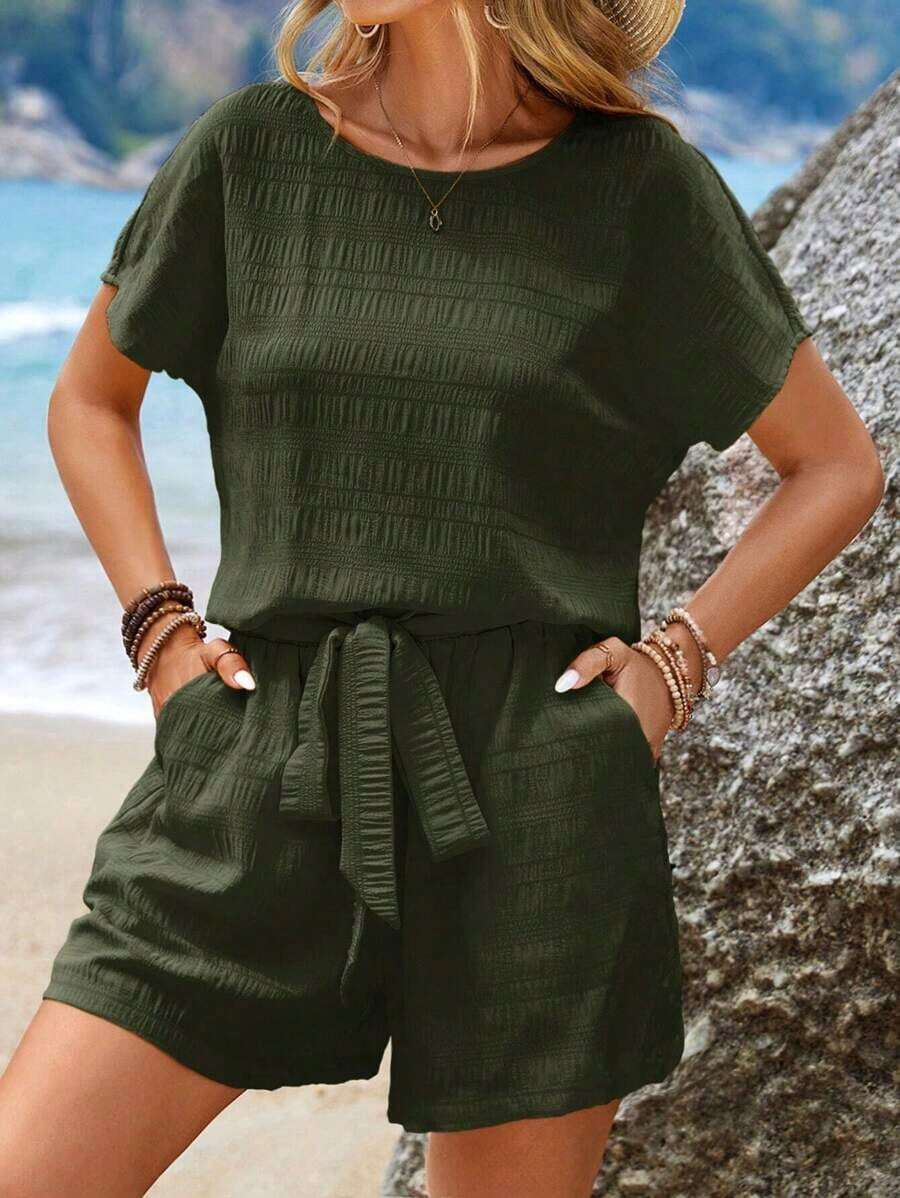 Conjunto de top de manga corta y pantalones cortos de unicolor para mujer, ideal para vacaciones - Verde militar - Ver 1