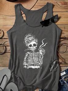 Top tipo camiseta de mujer con estampado de calavera, informal para el té de la tarde de verano - Gris Oscuro - Ver 1