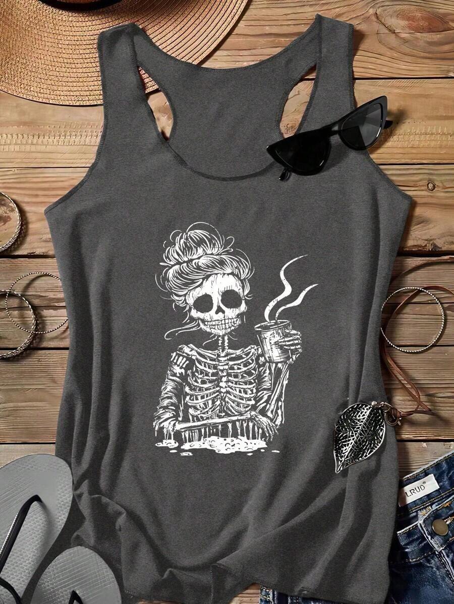 Top tipo camiseta de mujer con estampado de calavera, informal para el té de la tarde de verano - Gris Oscuro - Ver 1