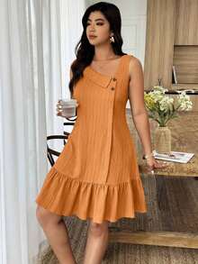 Vestido corto sin mangas de línea A con cuello asimétrico, botones, tela texturizada y volante en el bajo, para mujer de talla grande, casual para verano y vacaciones - Amarillo - Ver 4