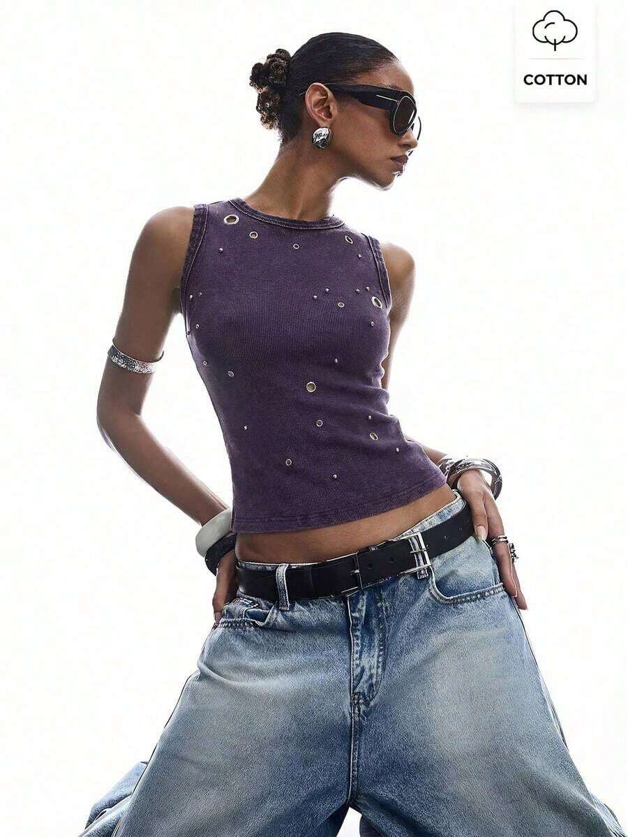 Camiseta de mujer con tachuelas, adecuada para citas, festivales de música, fiestas - Morado - Ver 1