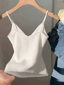 Camiseta de tirantes de mujer de unicolor y diseño minimalista con lazo decorativo para uso diario - Blanco - Ver 2