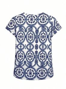 Blusa elegante con estampado de lazo para mujer, verano - Azul - Ver 2