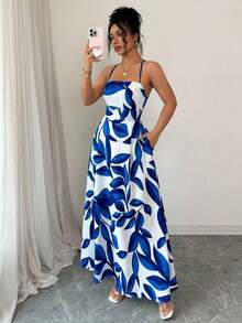Vestido de playa con estampado de hojas, sin espalda, con correas cruzadas y bolsillos para mujeres - azul real - Ver 6
