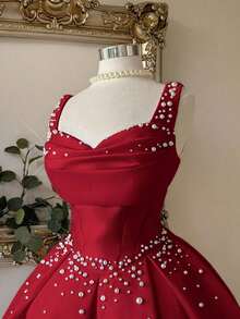 Vestido elegante, lujoso y noble de estilo palaciego con hombros abiertos, escote corazón sin tirantes, silueta de sirena, decoración de perlas falsas y bajo acampanado, adecuado para despedida de soltera, boda, graduación, vacaciones y fiesta de - Burdeos - Ver 2