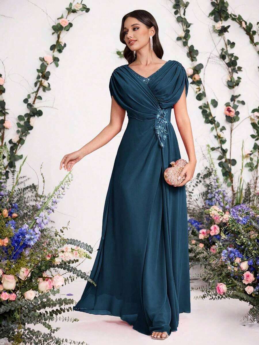 Vestido con flores 3D bordadas para novia, madre de la novia, moda de primavera y verano para fiesta, cita, vacaciones, boda, celebridad, con cintura elegante y falda amplia, para el Día de San Valentín - Verde Oscuro - Ver 1