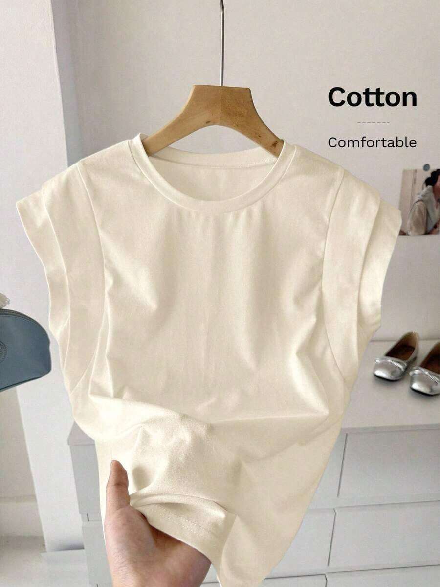 Camiseta de algodón casual de cuello redondo de doble capa con hombros anchos y sin mangas para mujeres, adecuada para uso casual diario, blanco para verano, parte superior de trabajo para verano - Beis - Ver 1