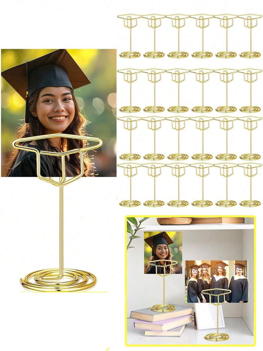 10pcs Graduation Cap Table Number Holders, Graduation Cap Display Clips, Multifunctional Gold Graduation Cap Name Card Holders And Memo Clips, Suitable For Graduation Party, Wedding, Birthday Party - Multifunctional Photo/Image/Business Card Desktop Display Stand With Stable Base, Elegant Cap-Shaped Central Decoration Suitable For Desktops