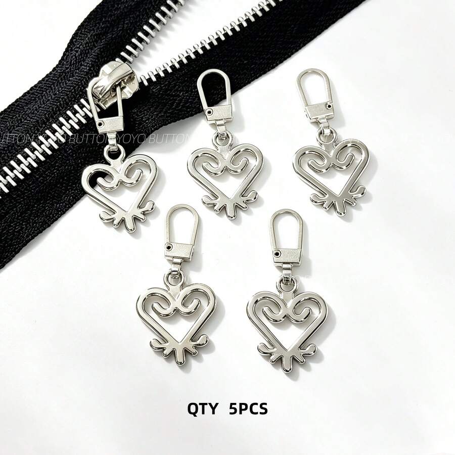 5 piezas de tiradores de cremallera con forma de corazón de metal, deslizadores de cremallera desmontables, colgante de cremallera con agujero pequeño reemplazable, adecuado para ropa, equipaje, bolsos - 5 piezas plateadas - Ver 1