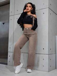 Pantalones vaqueros anchos sueltos y versátiles de mujer con diseño de bolsillos - Marrón 2 - Ver 5