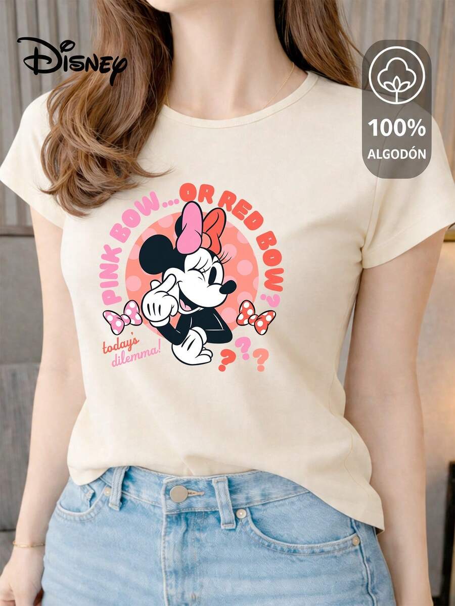 Women's T-Shirt Made Of 100% High-Quality Cotton, This T-Shirt Guarantees Exceptional Softness To The Touch, Round Neck With "Disney Minnie Pink Or Red Bow" Print And Short Sleeves - 米色 - 查看 1