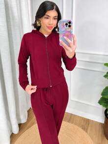 Women's Stylish Tracksuit Set: Sweatshirt With Trim, Hood, And Zipper, And Wide-Leg Pants With Side Pockets - Elegant Women's Jacket, Wide-Leg Pants, Long-Sleeved Blouse, Winter, Cold Weather, Basic, Comfortable, Premium, Comfy, Warm, Thick, Marala, Wine Color. - 酒紅色 - 查看 3