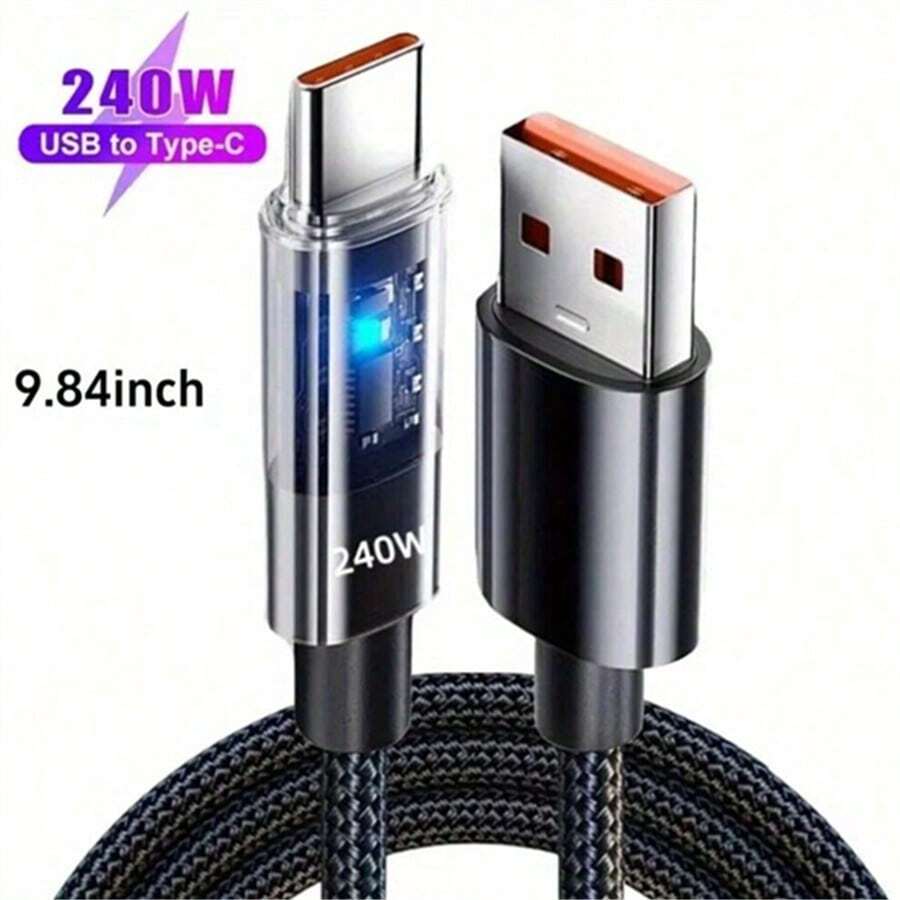 240W Type-C Fast Charging Data Cable, USB Nylon Braided LED Illuminated - Black - View 1