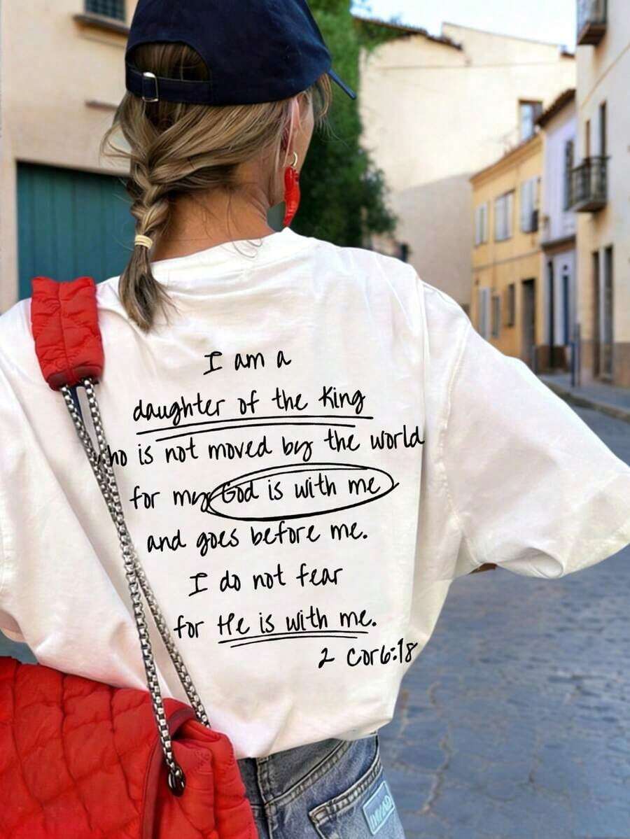 Nueva Camiseta de Verano Simple y a la Moda con Estampado de Lema de Amor, Cuello Redondo, Manga Corta Blanca, Versátil y Adecuada para Mujeres - Blanco - Ver 1