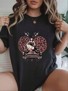 New 2026 Women's T-Shirts, Retro Rockabilly Black T-Shirt With Classic Car Print And Leopard Background For Vintage Urban Style, Sizes S/M/L/XL, Casual Youth Fashion - 黑色 - 查看 6