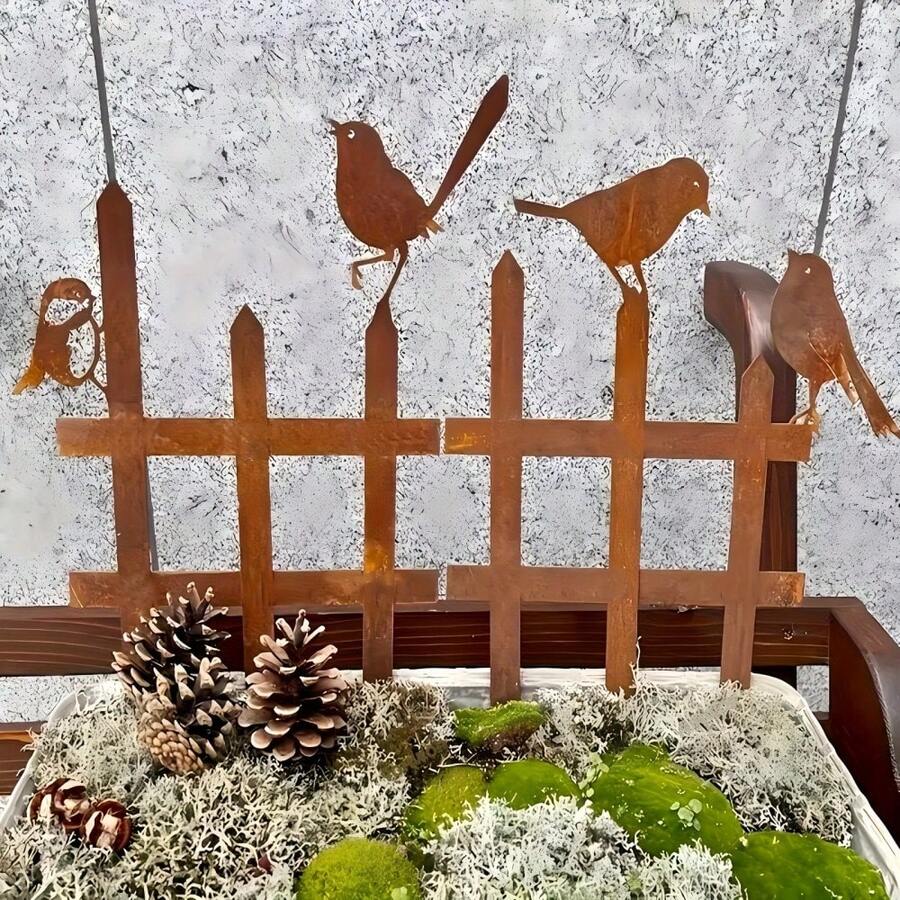 2件鄉村風圍欄鳥類金屬花園裝飾插樁，含木質元素戶外地面裝飾，免電池，適合聖誕節、生日及節日禮物