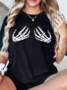2026Camiseta de Mujer Talla Grande con Diseño de Esqueletos - Algodón Suave, Transpirable y Apta para Bebé, Color Beige Claro con Estampado Blanco, Cuello Redondo, Estilo Bohemio Unisex, Perfecta para Todas las Estaciones, Lavable a Máquina2026 - Negro - Ver 10