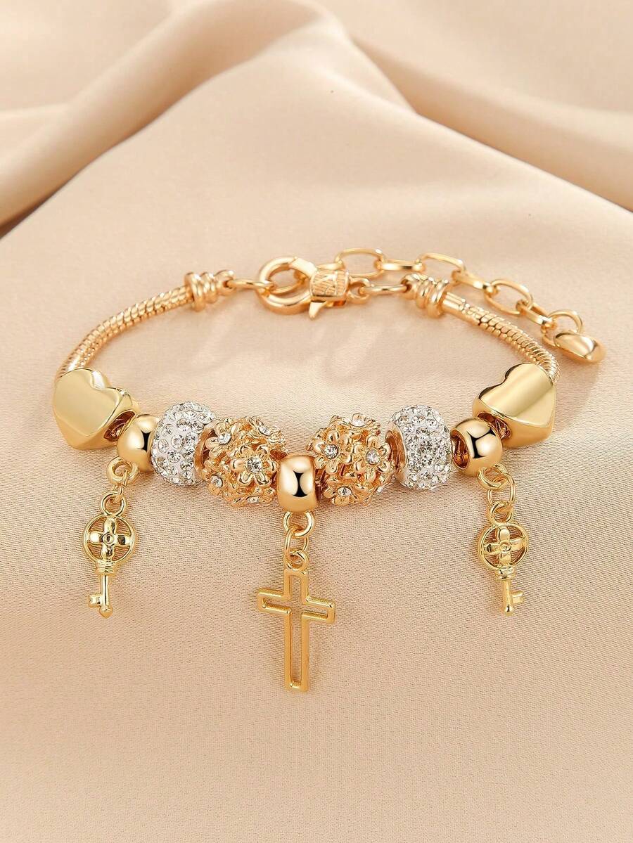 1pc Elegant Bracelet For Women, Suitable For Party & Valentine's Day, Vintage Cross & Heart Charm Decor, Graceful Gold Color - Multicolor - View 1