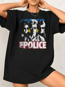 Women's T-Shirt With Graphic Band Print, 100% Cotton, Crew Neck, Fashionable, 1 Piece. Excellent Gifts For Friends And Family, Casual Style. - 黑色 - 查看 1