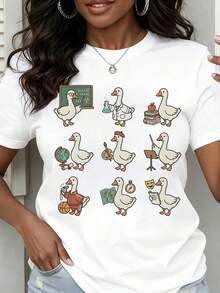 Women's Casual Loose Fit T-Shirt With Graphic Print Of Duck Professor, Scientist, Teacher, Musician, Explorer And Student For Everyday Wear At School And Work - 白色 - 查看 7