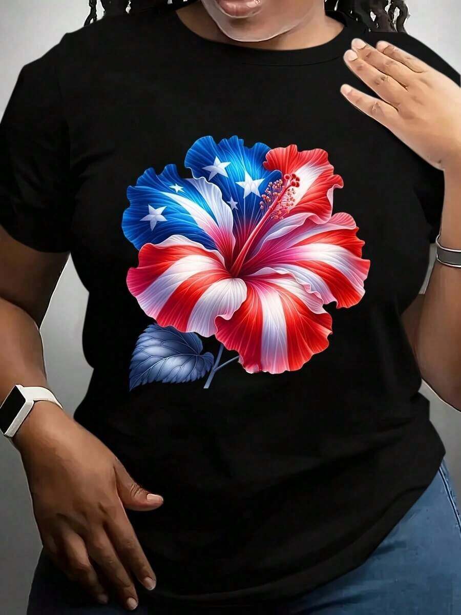 Women's T-Shirt With A Patriotic Floral Design In The Colors Of The American Flag, Perfect For Independence Day Celebrations And National Events. Casual Wear For Everyday Activities. Crew Neck Style, Modern And Versatile. Machine Washable. Suitable For All Seasons. - 黑色 - 查看 1
