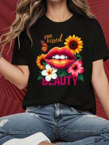Women's Short-Sleeved, Crew-Neck T-Shirt With Eye-Catching Prints. Women's T-Shirt With A Floral Design, "Lips Sun Kissed Beauty," A  Summer Graphic Tee, Suitable For Christmas Parties, Sports Activities, Holiday Parties, Outings, And Other Festive Gifts (220g). - 黑色 - 查看 1