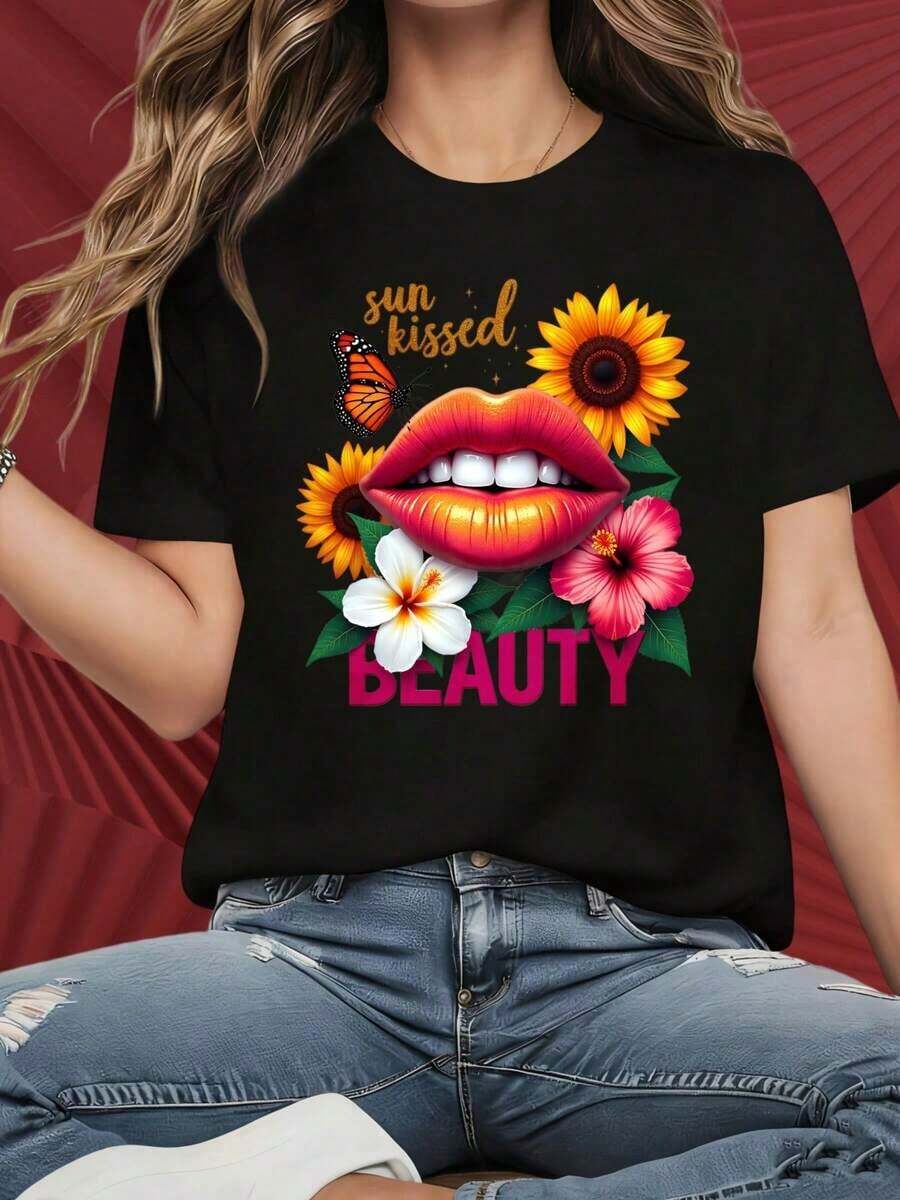 Women's Short-Sleeved, Crew-Neck T-Shirt With Eye-Catching Prints. Women's T-Shirt With A Floral Design, "Lips Sun Kissed Beauty," A Summer Graphic Tee, Suitable For Christmas Parties, Sports Activities, Holiday Parties, Outings, And Other Festive Gifts (220g). - 黑色 - 查看 1