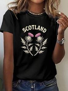 Scottish Thistle Print T-Shirt, Short Sleeves, Round Neck, Casual Style For Summer And Spring, Women's Clothing. - 黑色 - 查看 1