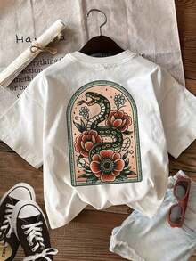 Women's Short-Sleeved T-Shirt, 100% Cotton, Double-Sided Print, Round Neck, Casual Style, Graphic Design Of Snake And Peony In Traditional American Tattoo Style, Summer Top. - 白色 - 查看 3