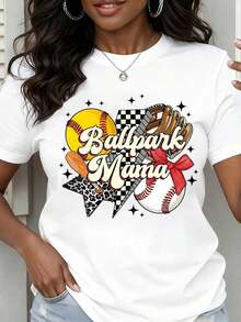 Women's Crew Neck T-Shirt, Baseball And Softball Design "Ballpark Mama", Short Sleeve For Casual Outings And Sporting Events, Casual Blouses For Ladies - 白色 - 查看 1