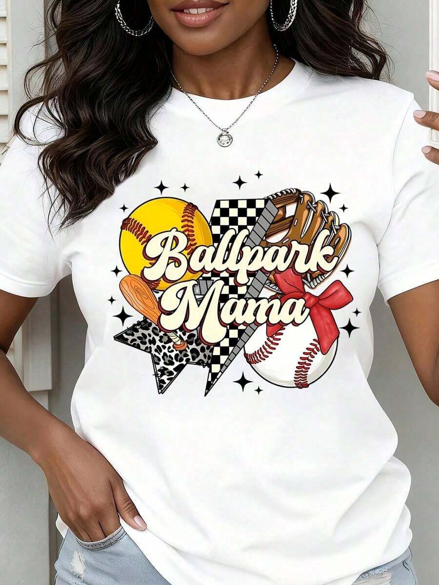 Women's Crew Neck T-Shirt, Baseball And Softball Design "Ballpark Mama", Short Sleeve For Casual Outings And Sporting Events, Casual Blouses For Ladies - 白色 - 查看 1